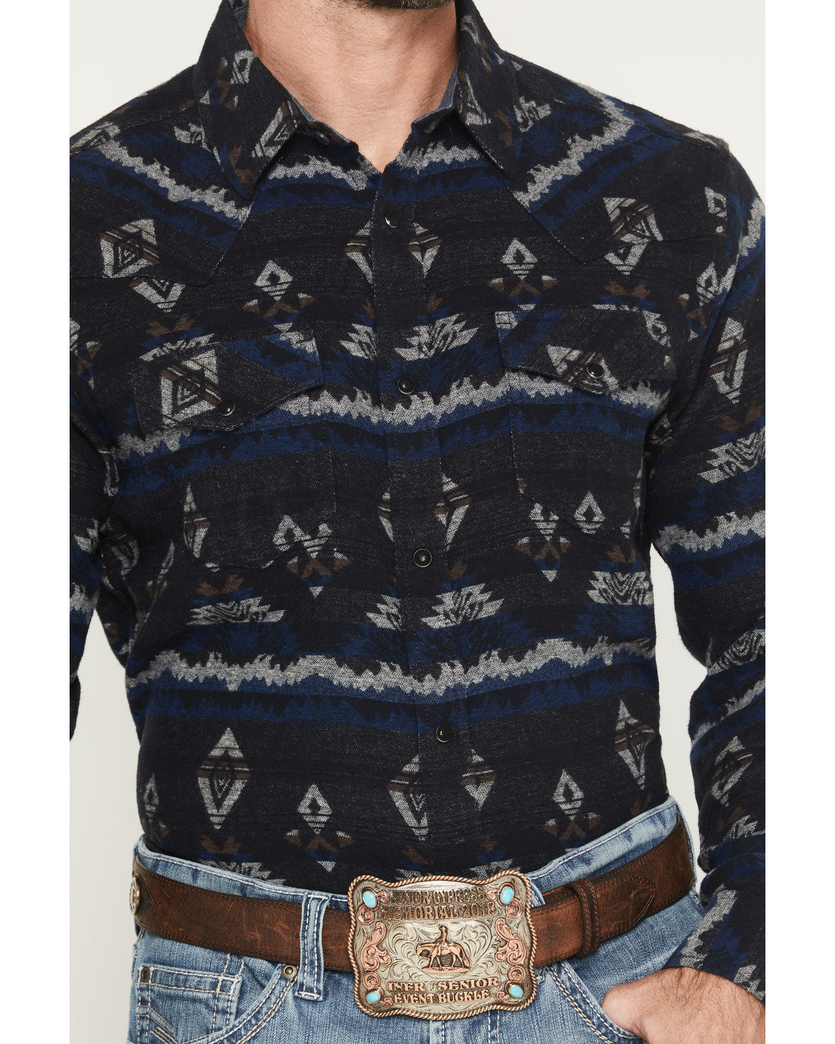 Men's Ironwood Southwestern Striped Long Sleeve Snap Flanne Navy