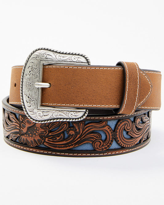 Men's Floral Tooled Contrast Belt Brown