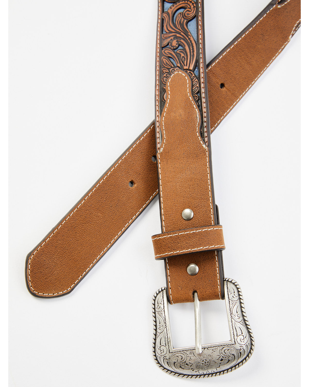 Men's Floral Tooled Contrast Belt Brown