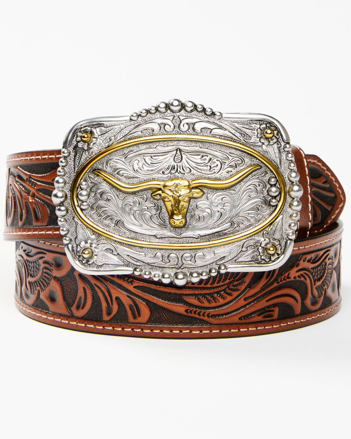 Men's Tooled Longhorn Buckle Belt Tan