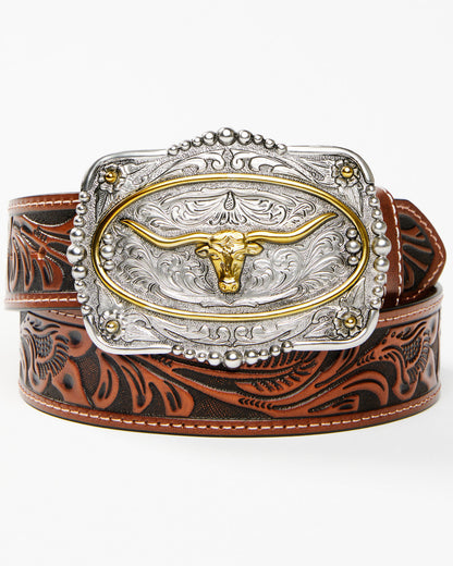 Men's Tooled Longhorn Buckle Belt Tan