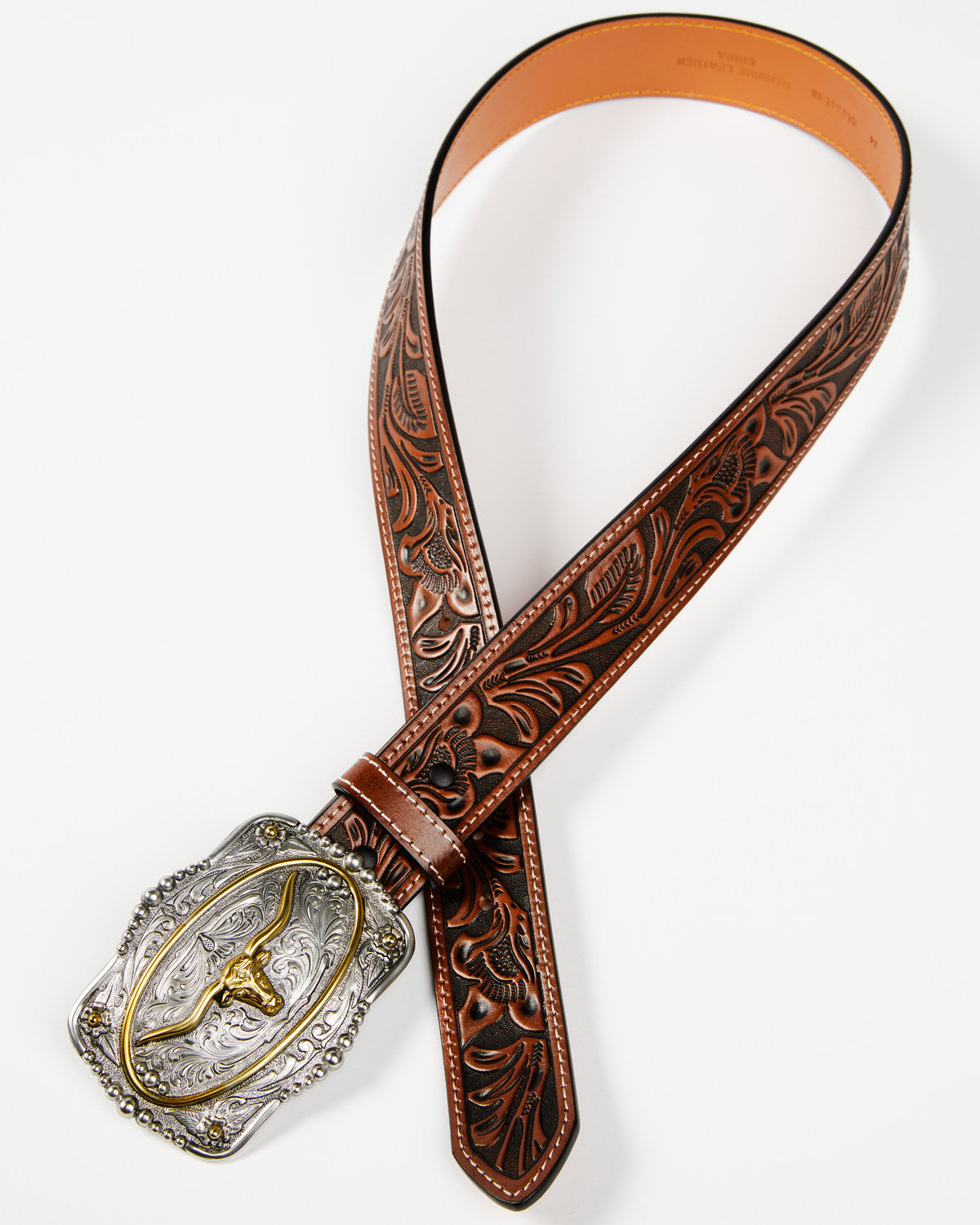 Men's Tooled Longhorn Buckle Belt Tan