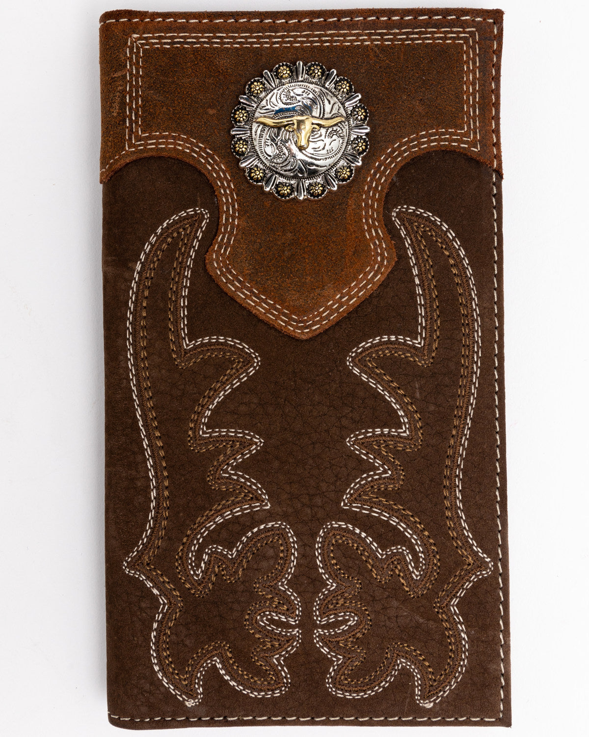 Men's Boot Stitch Long Horn Leather Checkbook Wallet Tan