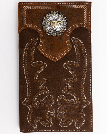 Men's Boot Stitch Long Horn Leather Checkbook Wallet Tan