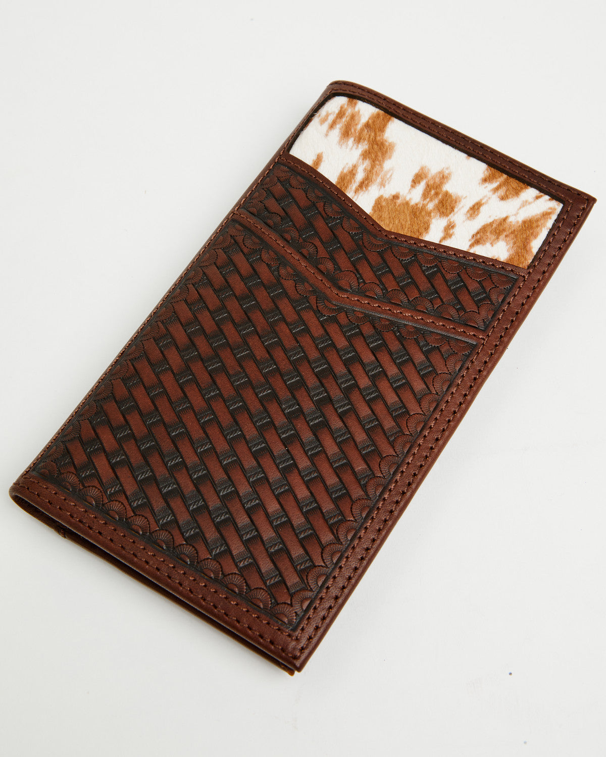 Men's Hutton Basket Weave Tooled Hair-On Bifold Rodeo Walle Brown