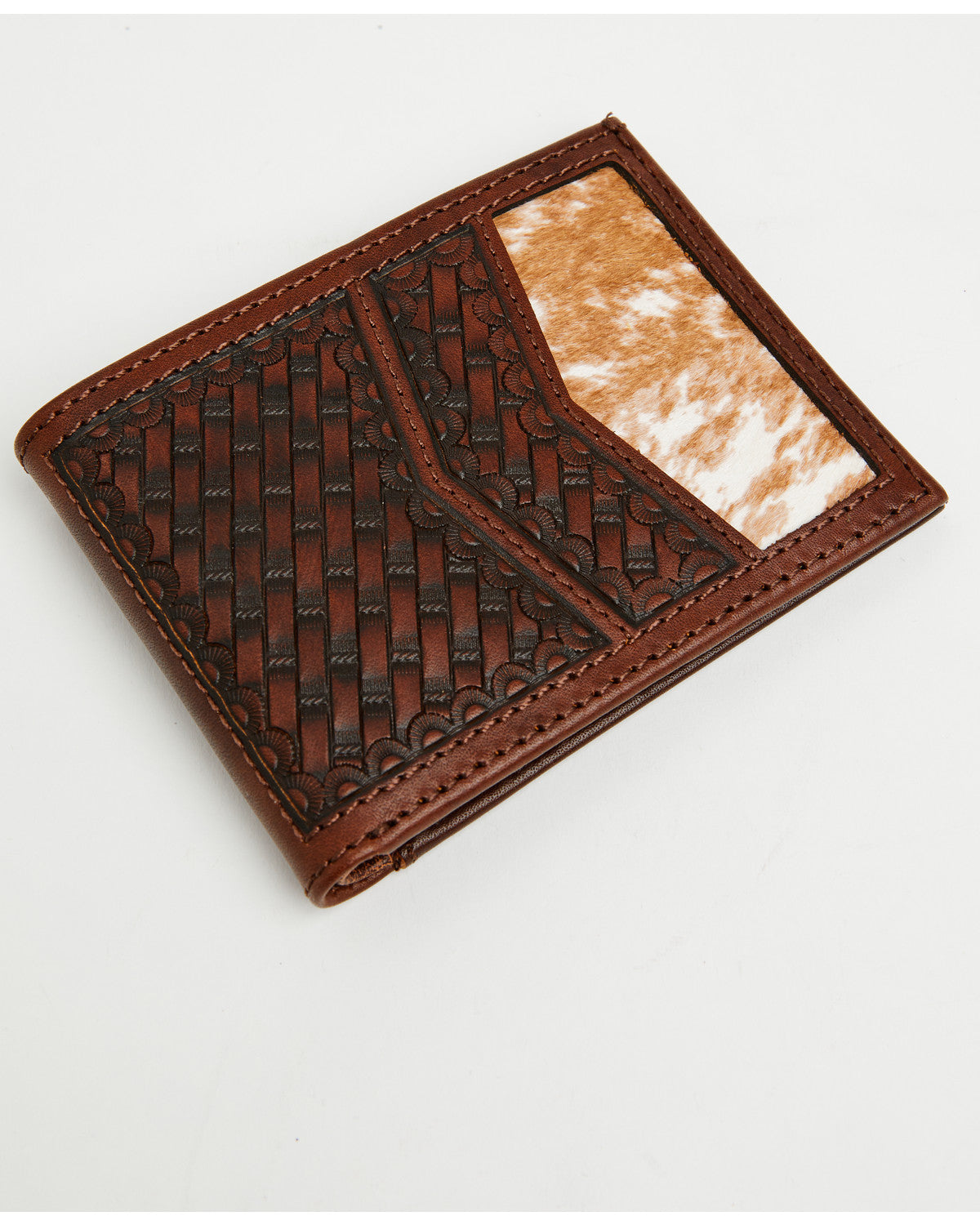 Men's Hutton Basket Weave Tooled Hair-On Bifold Wallet Brown
