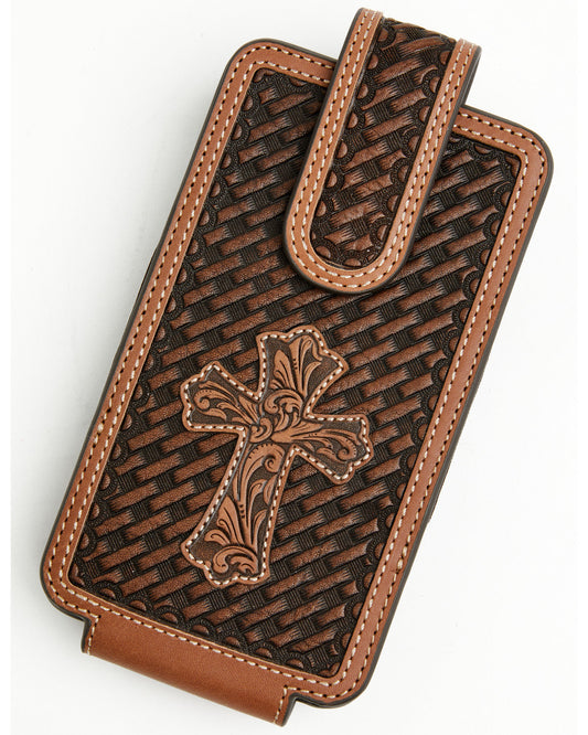 Men's Wells Basketweave Cross Leather Cell Phone Case Brown