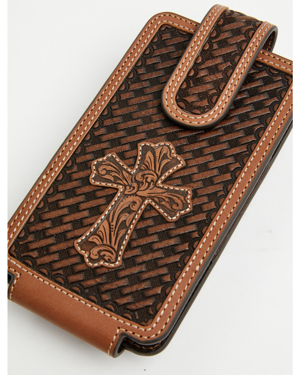 Men's Wells Basketweave Cross Leather Cell Phone Case Brown