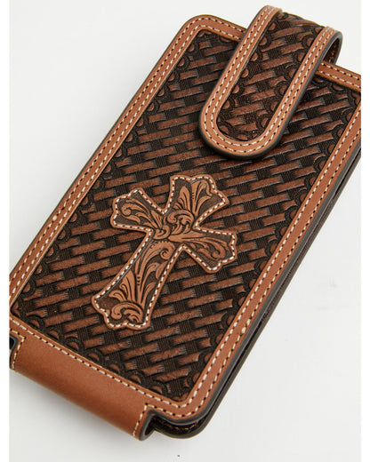 Men's Wells Basketweave Cross Leather Cell Phone Case Brown