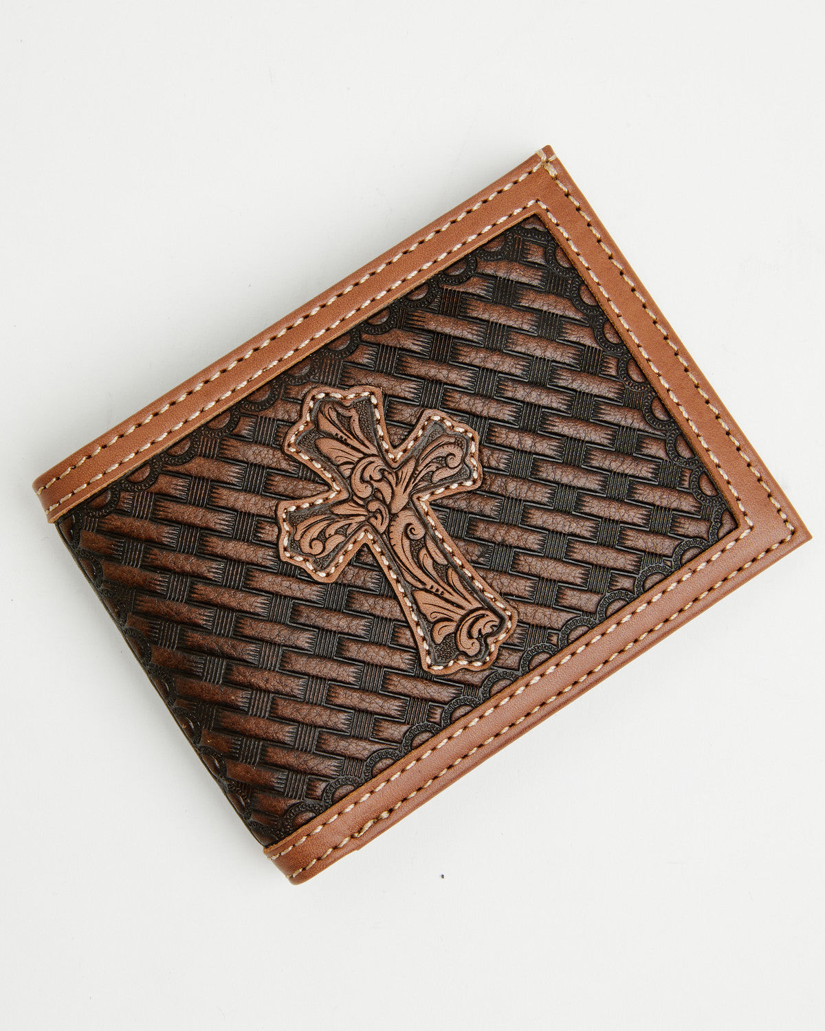 Men's Wells Basketweave Cross Leather Bifold Wallet Brown