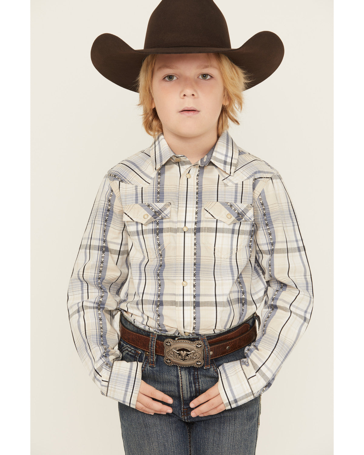 Boys' Wind Plaid Print Long Sleeve Snap Western Shirt Cream