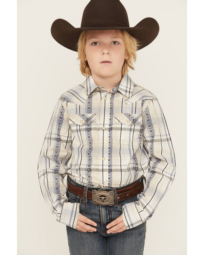 Boys' Wind Plaid Print Long Sleeve Snap Western Shirt Cream