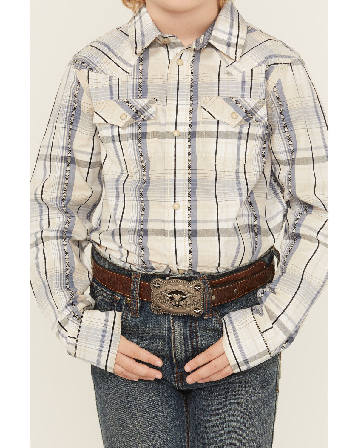 Boys' Wind Plaid Print Long Sleeve Snap Western Shirt Cream
