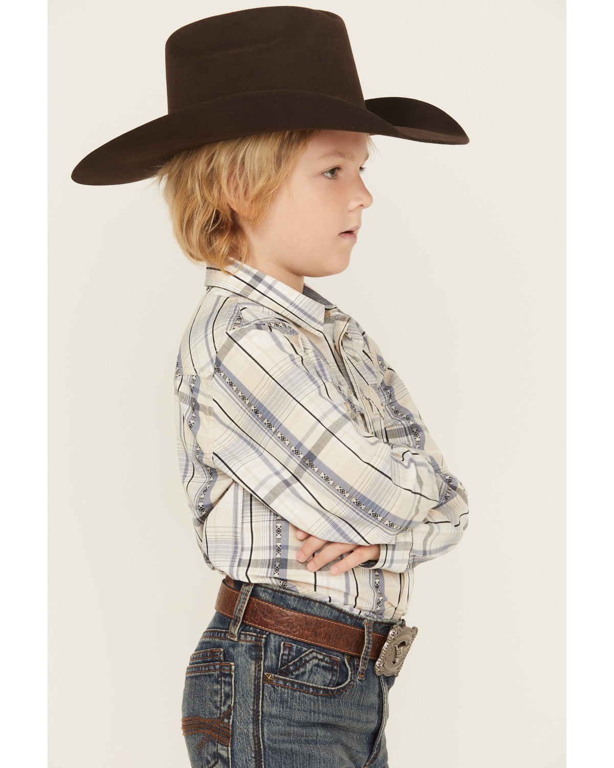 Boys' Wind Plaid Print Long Sleeve Snap Western Shirt Cream
