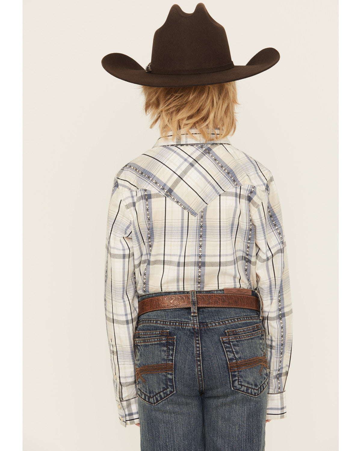 Boys' Wind Plaid Print Long Sleeve Snap Western Shirt Cream