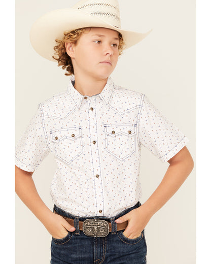 Boys' Bull Cactus Print Short Sleeve Snap Western Shirt White
