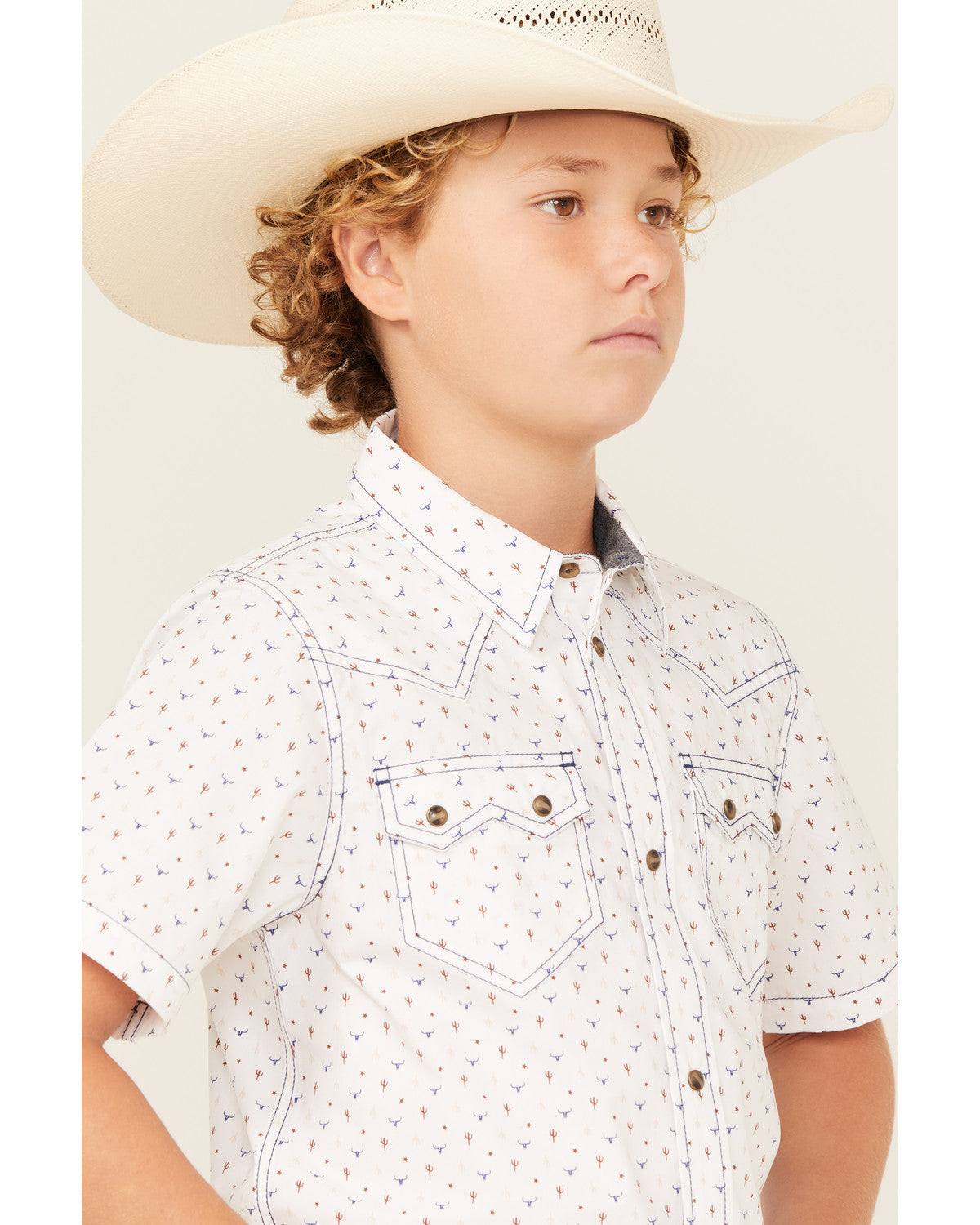 Boys' Bull Cactus Print Short Sleeve Snap Western Shirt White