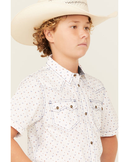 Boys' Bull Cactus Print Short Sleeve Snap Western Shirt White