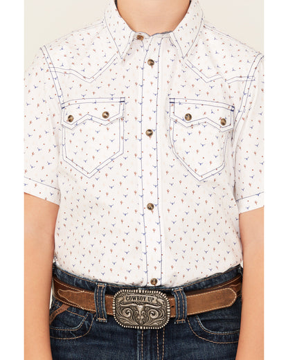 Boys' Bull Cactus Print Short Sleeve Snap Western Shirt White