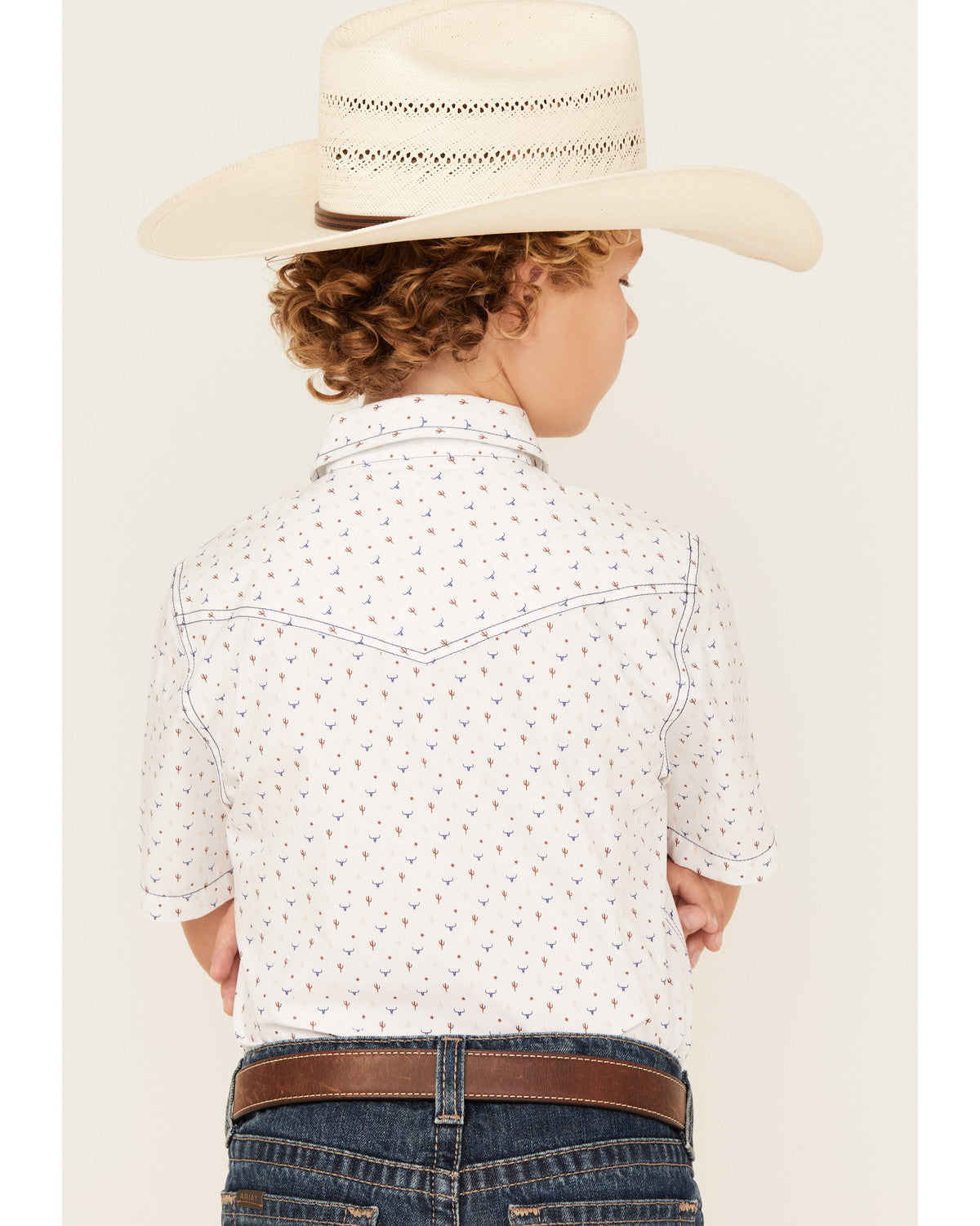 Boys' Bull Cactus Print Short Sleeve Snap Western Shirt White