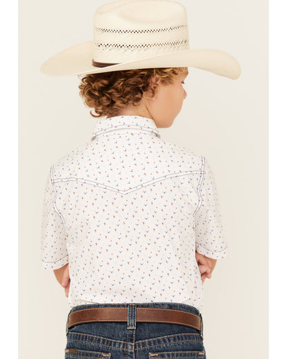 Boys' Bull Cactus Print Short Sleeve Snap Western Shirt White