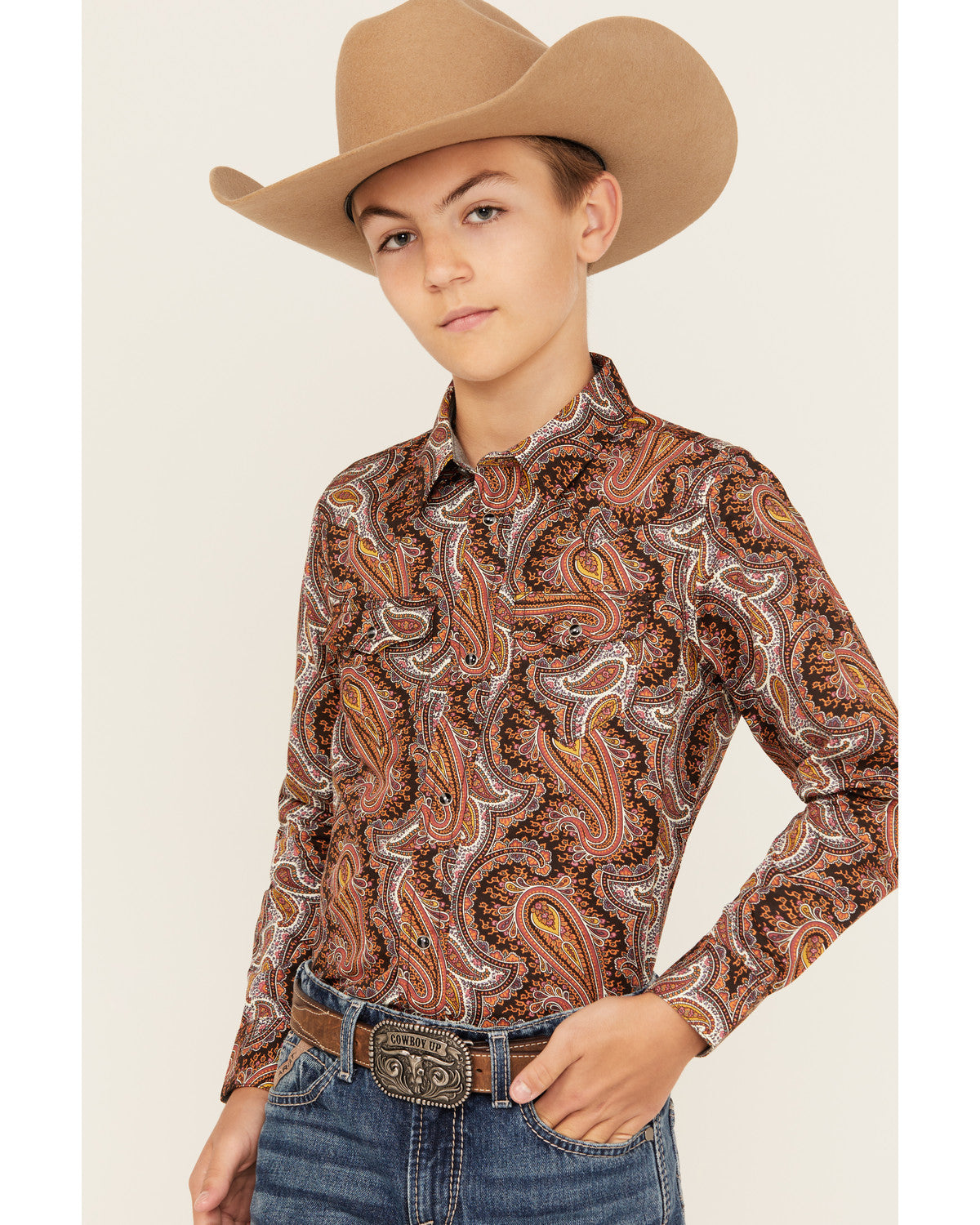 Boys' Dennis Paisley Print Long Sleeve Snap Western Shirt Rust Copper