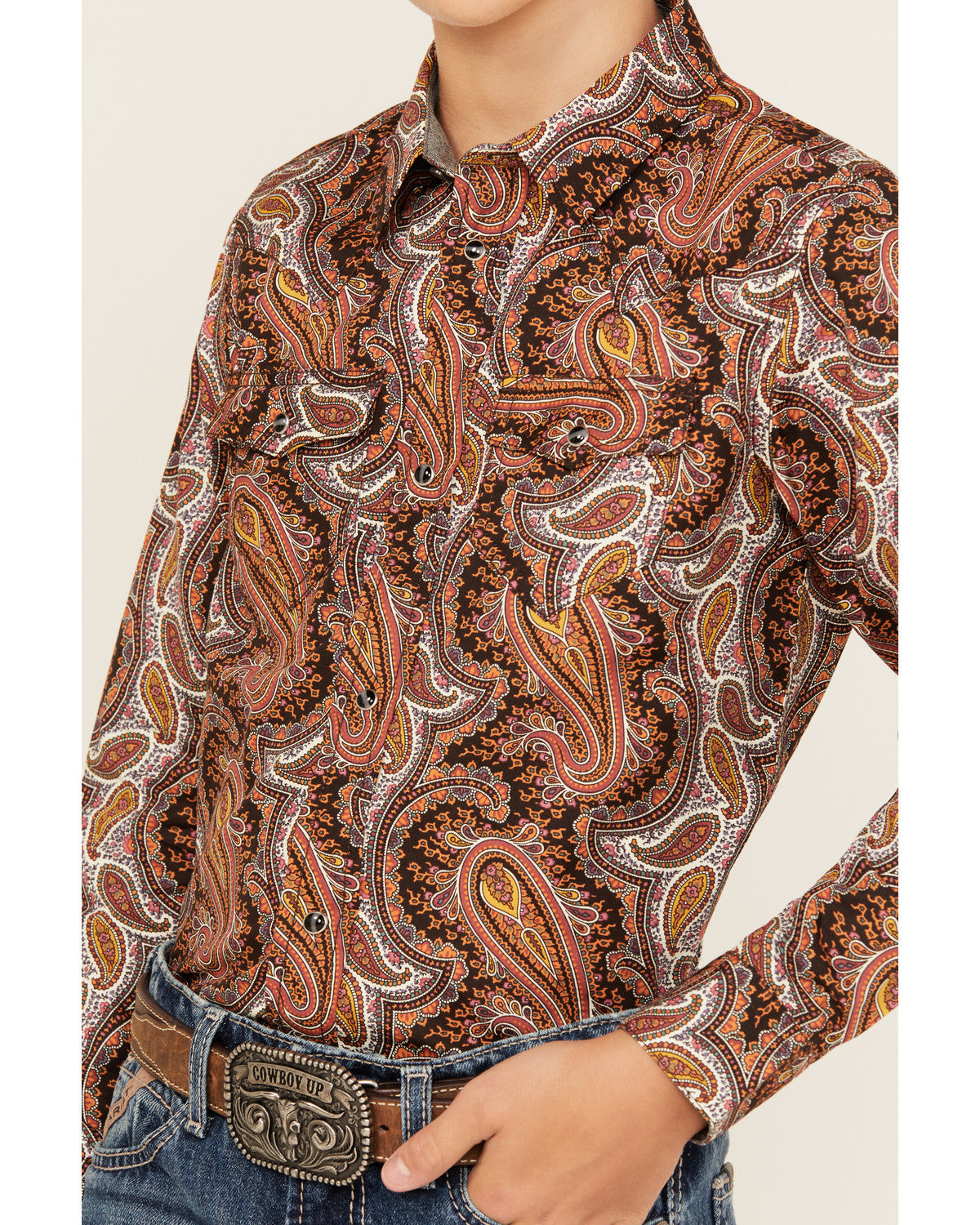 Boys' Dennis Paisley Print Long Sleeve Snap Western Shirt Rust Copper