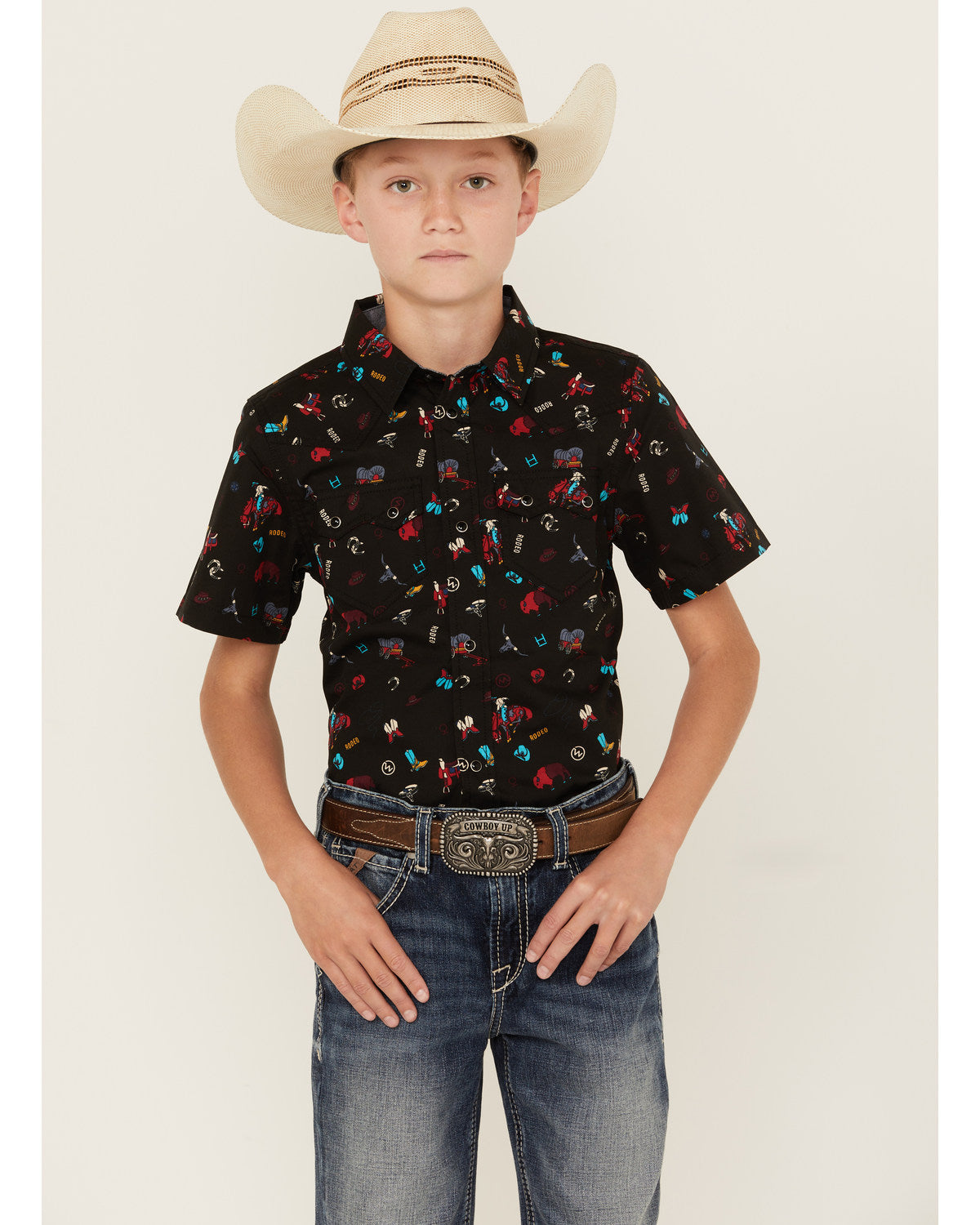 Boys' Sheriff Conversation Print Short Sleeve Snap Western Black