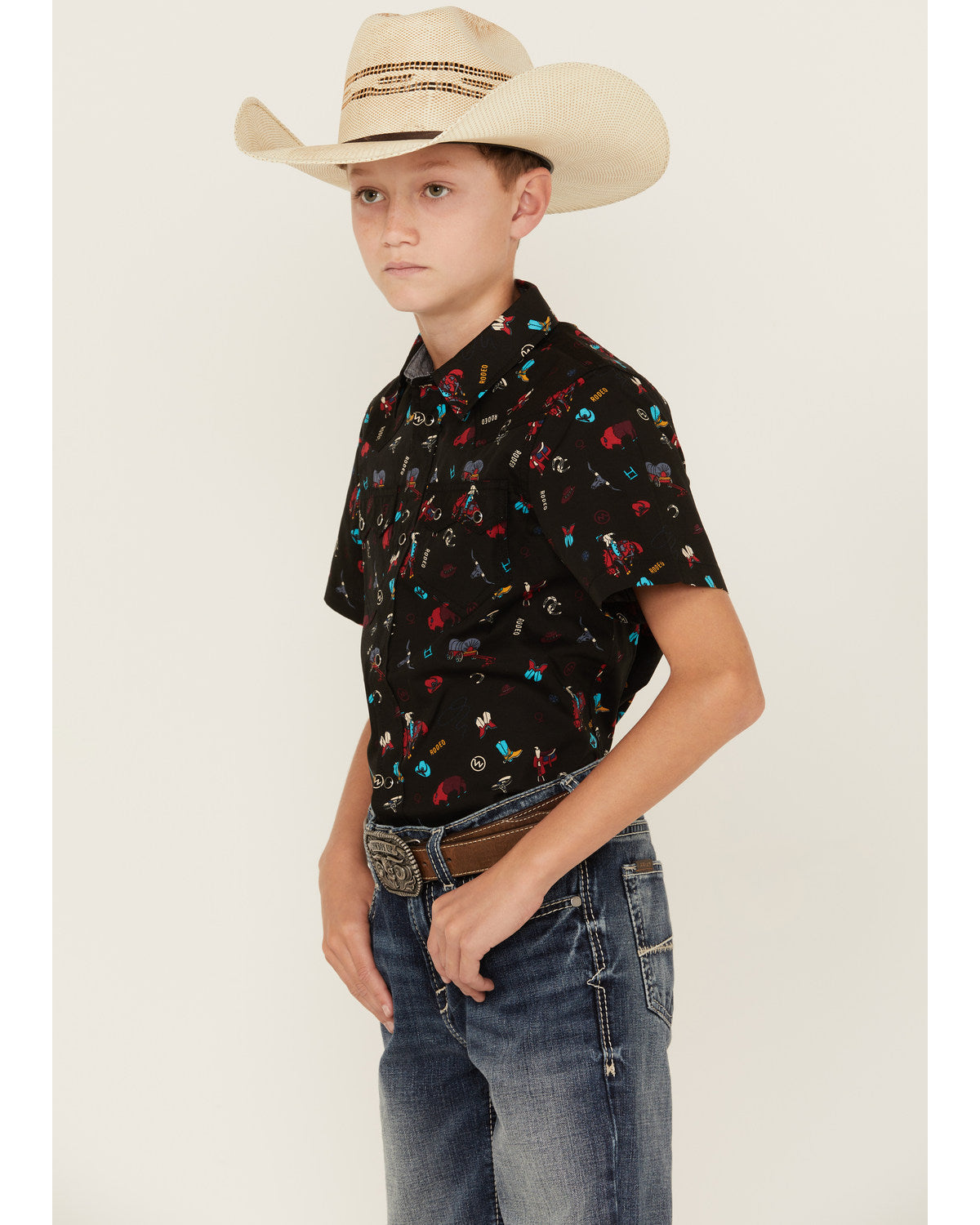Boys' Sheriff Conversation Print Short Sleeve Snap Western Black