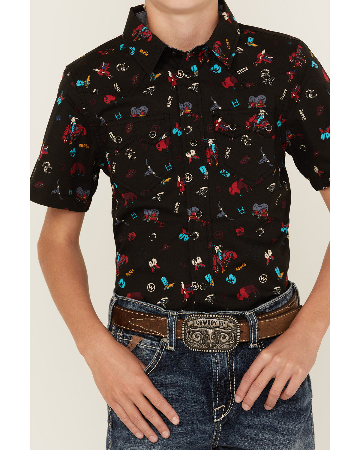Boys' Sheriff Conversation Print Short Sleeve Snap Western Black