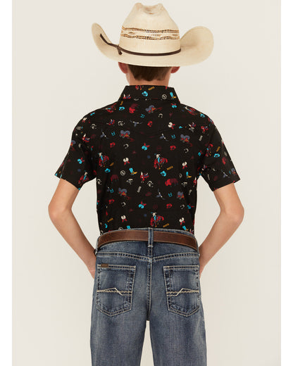 Boys' Sheriff Conversation Print Short Sleeve Snap Western Black