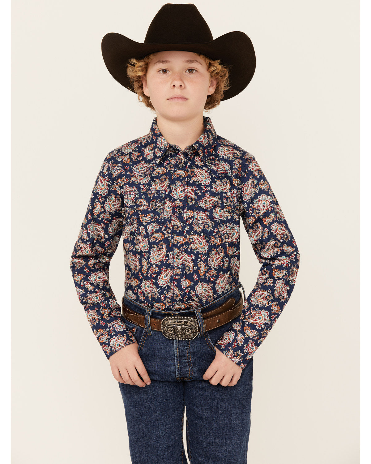 Boys' Grand Finale Paisley Print Long Sleeve Snap Western S Navy
