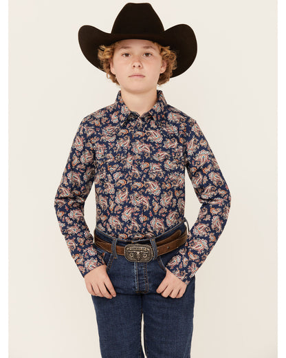 Boys' Grand Finale Paisley Print Long Sleeve Snap Western S Navy
