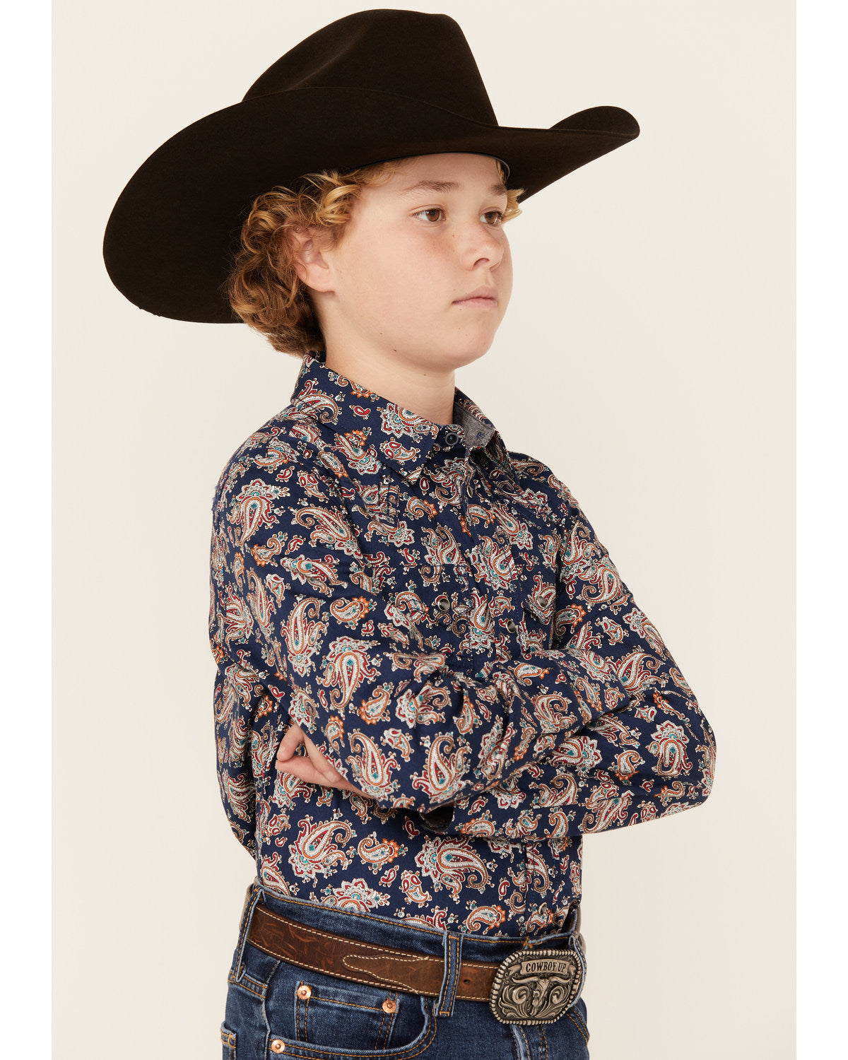 Boys' Grand Finale Paisley Print Long Sleeve Snap Western S Navy