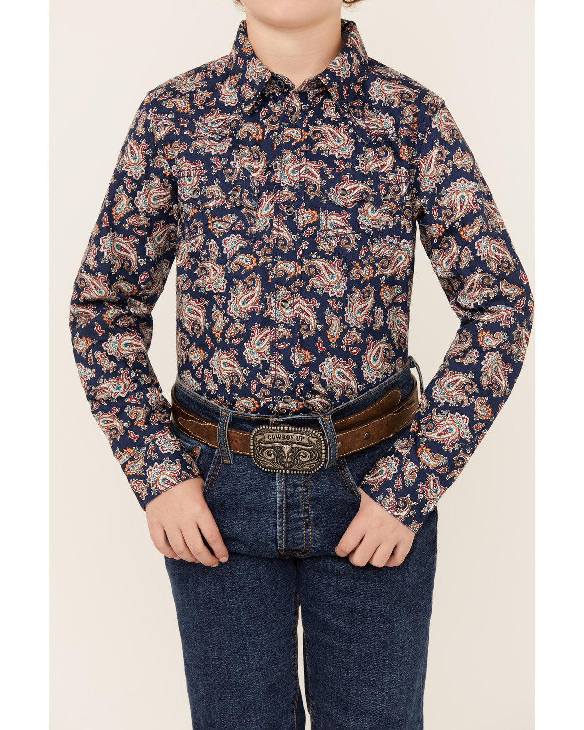 Boys' Grand Finale Paisley Print Long Sleeve Snap Western S Navy