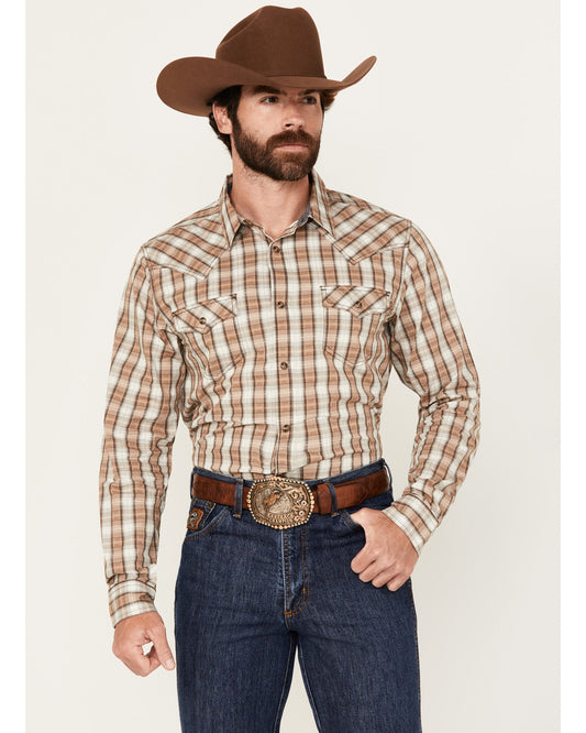 Men's Buck Off Plaid Print Long Sleeve Snap Western Shirt Brown