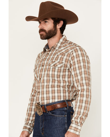 Men's Buck Off Plaid Print Long Sleeve Snap Western Shirt Brown