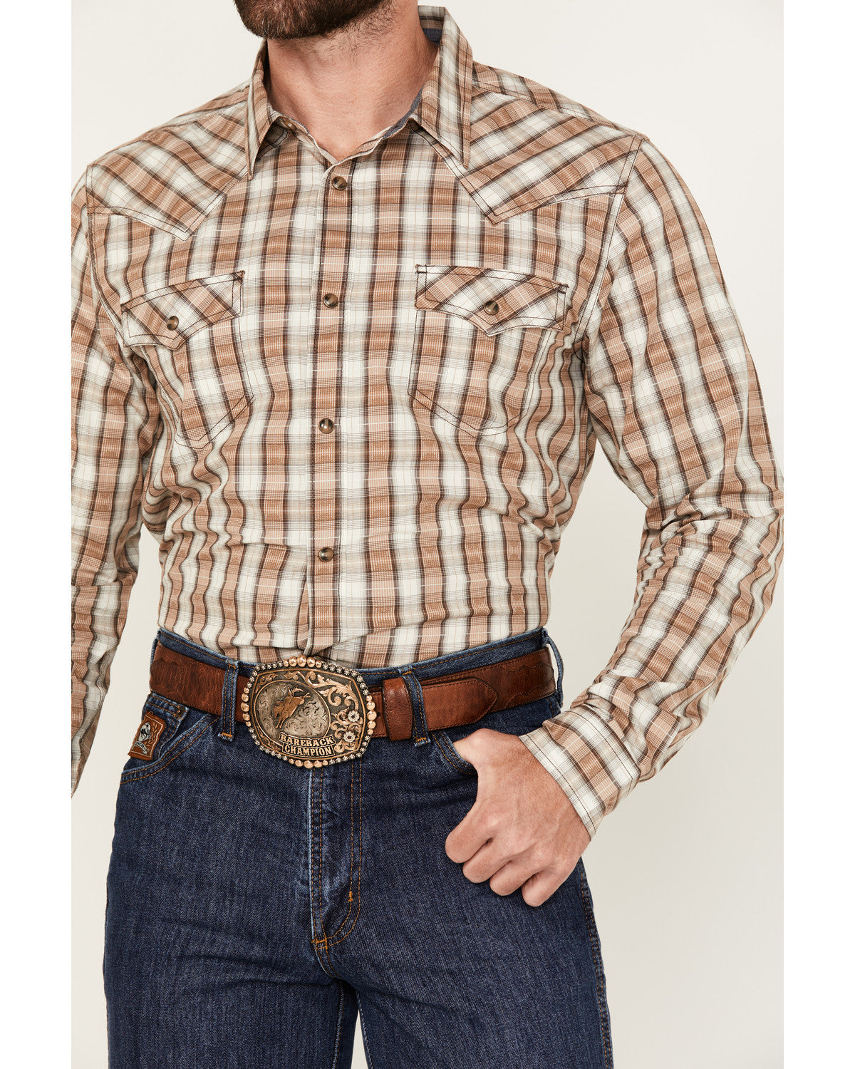 Men's Buck Off Plaid Print Long Sleeve Snap Western Shirt Brown