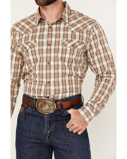 Men's Buck Off Plaid Print Long Sleeve Snap Western Shirt Brown