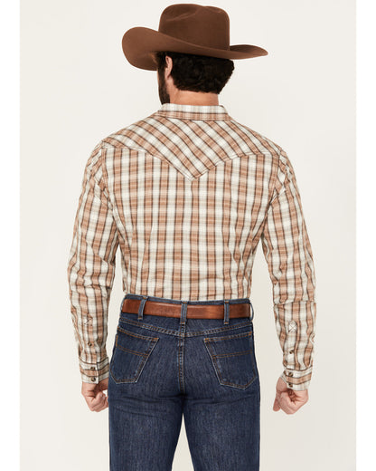 Men's Buck Off Plaid Print Long Sleeve Snap Western Shirt Brown