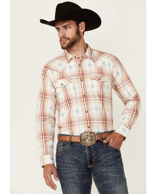 Men's Samba Plaid Print Long Sleeve Snap Western Shirt Red