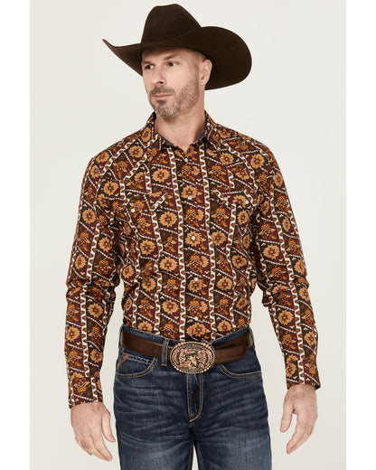 Men's Row Boat Southwestern Print Long Sleeve Snap Western Red