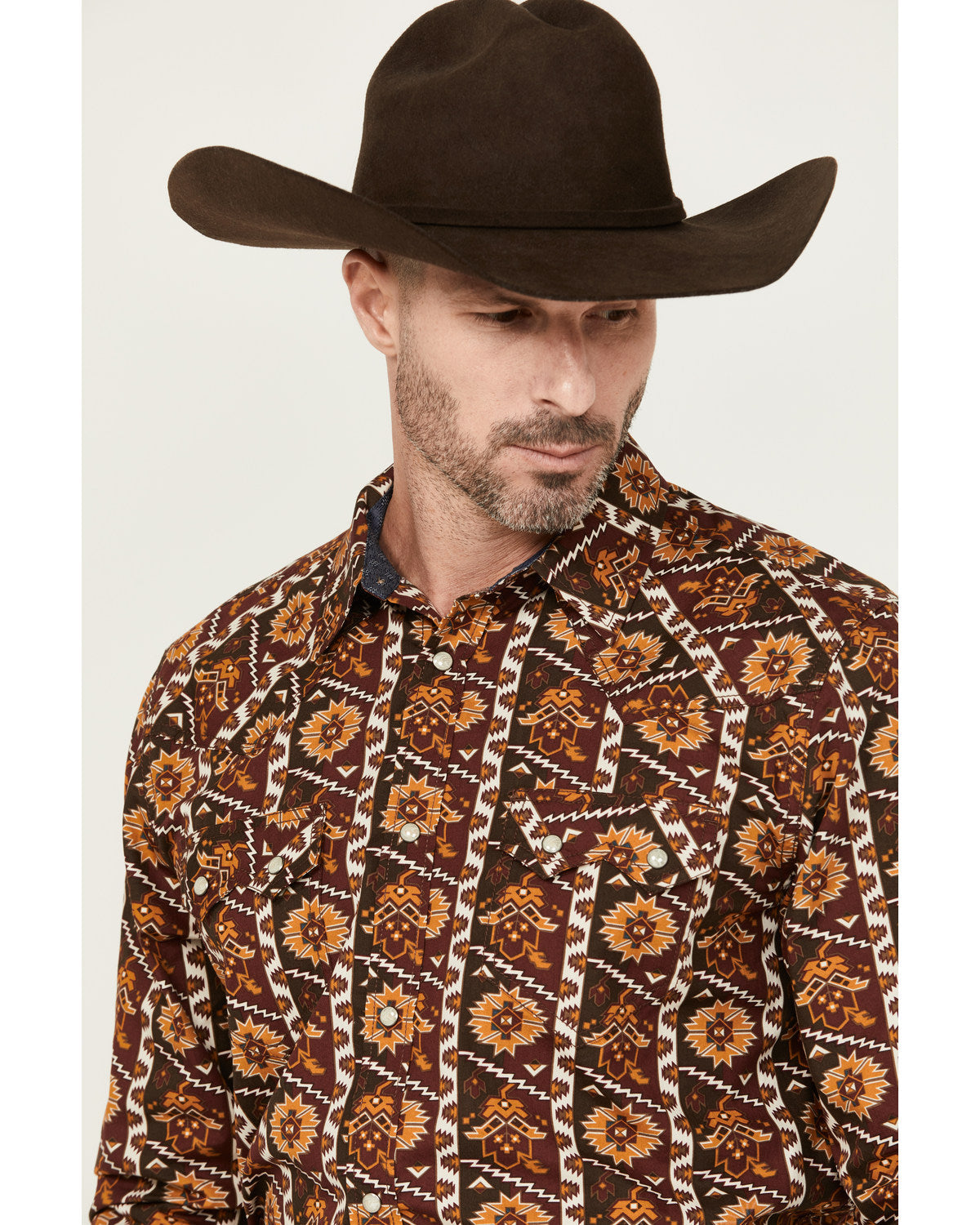 Men's Row Boat Southwestern Print Long Sleeve Snap Western Red