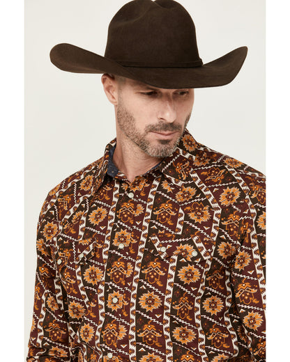 Men's Row Boat Southwestern Print Long Sleeve Snap Western Red