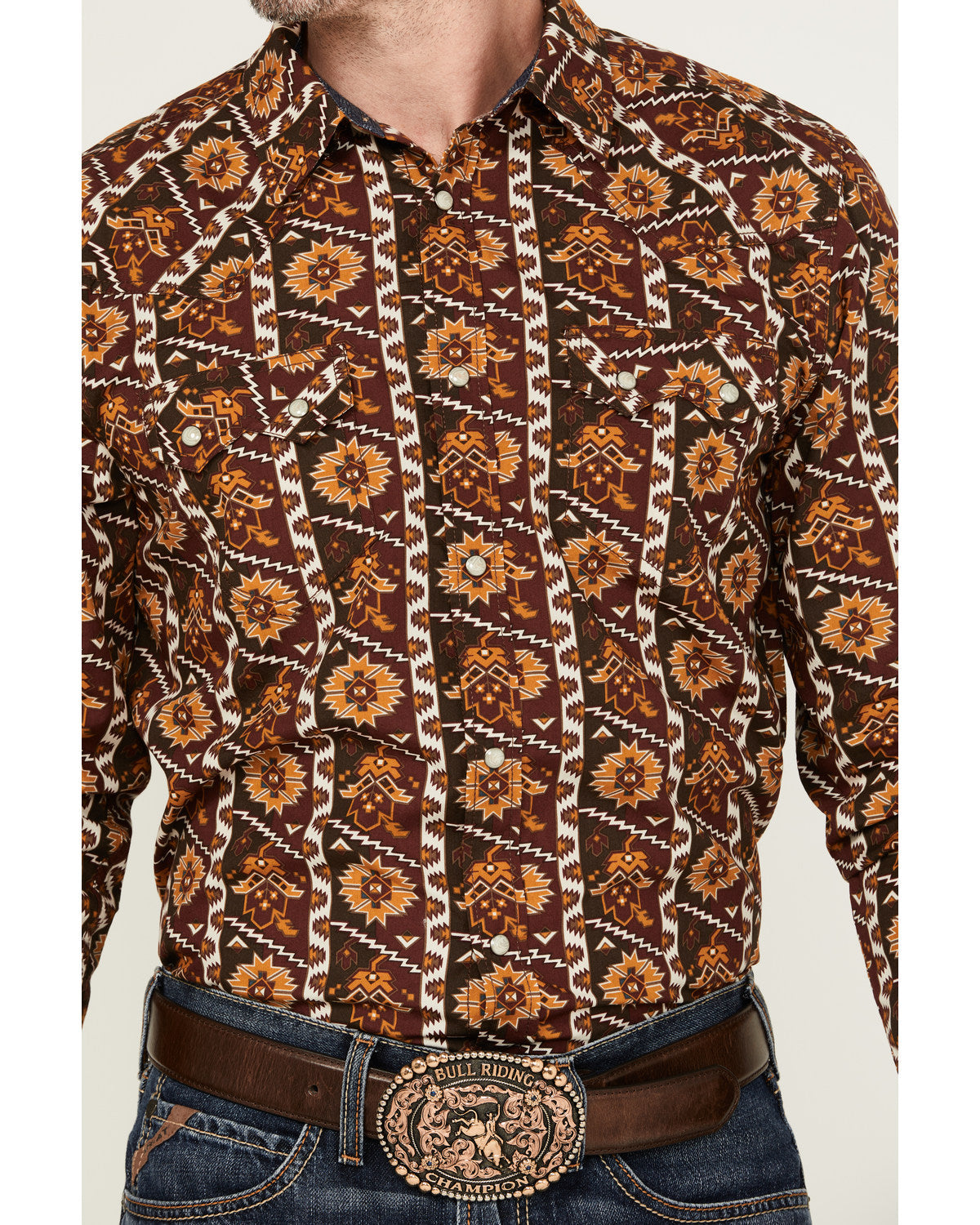 Men's Row Boat Southwestern Print Long Sleeve Snap Western Red