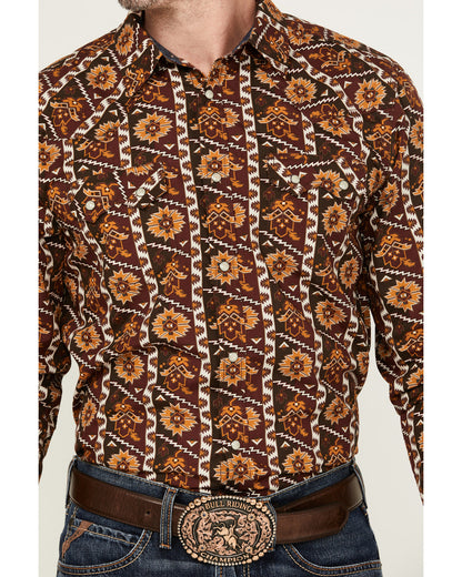 Men's Row Boat Southwestern Print Long Sleeve Snap Western Red