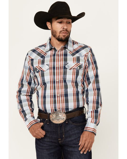 Men's Simple Life Plaid Print Long Sleeve Snap Western Shir Light Blue