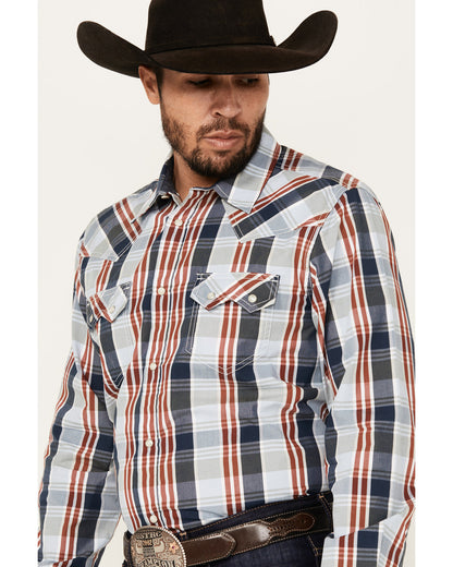 Men's Simple Life Plaid Print Long Sleeve Snap Western Shir Light Blue