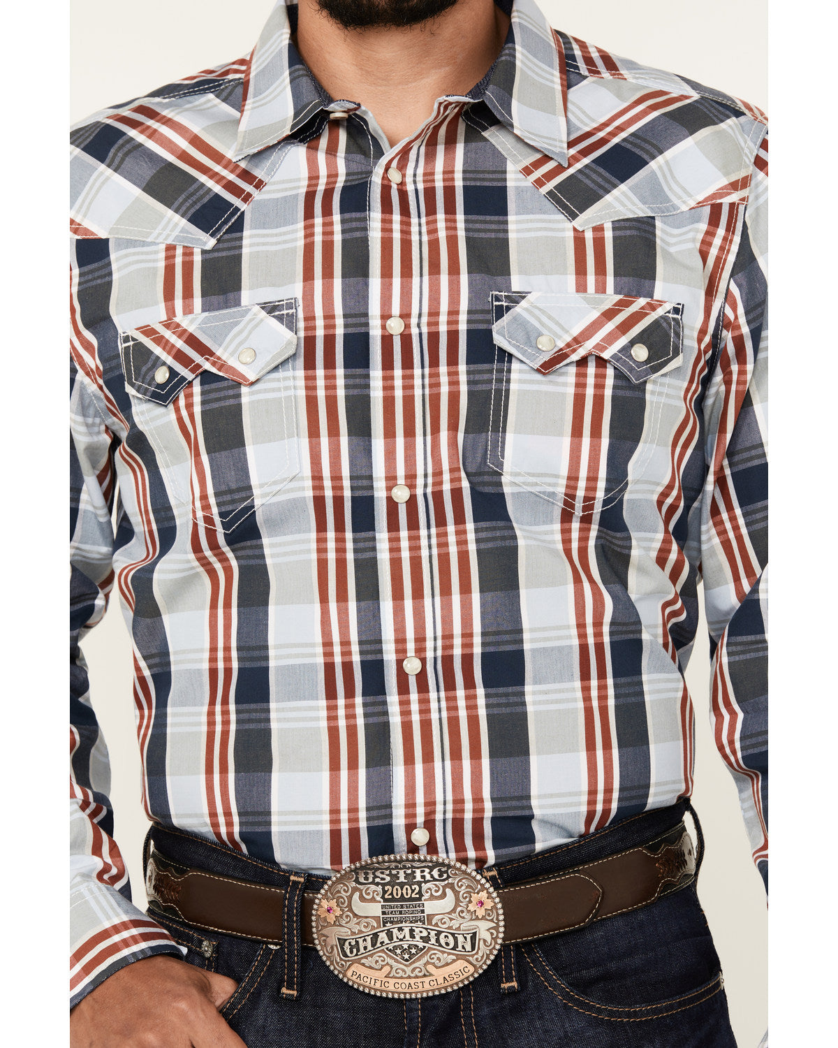 Men's Simple Life Plaid Print Long Sleeve Snap Western Shir Light Blue