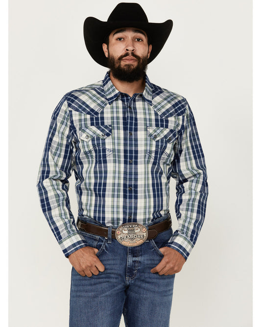 Men's Cole Plaid Print Long Sleeve Pearl Snap Western Shirt Cream
